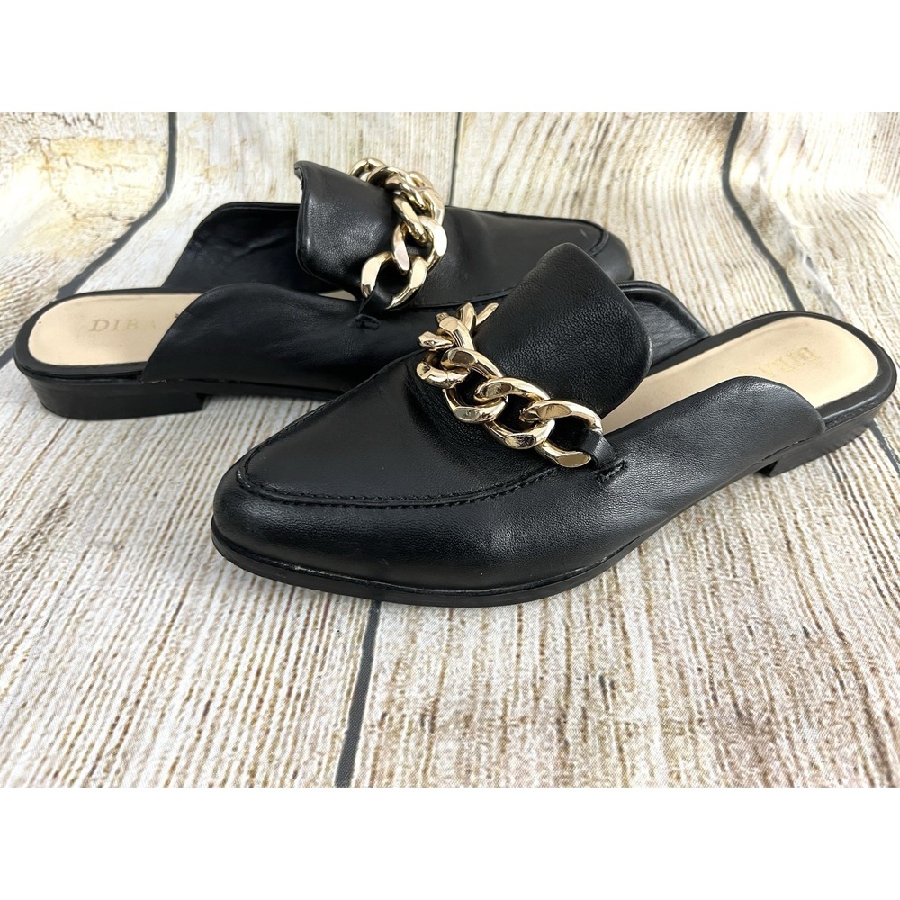 Diba True Black Leather Adri Anna Mules 8 Gold Chain Accent Slip On Minimalist